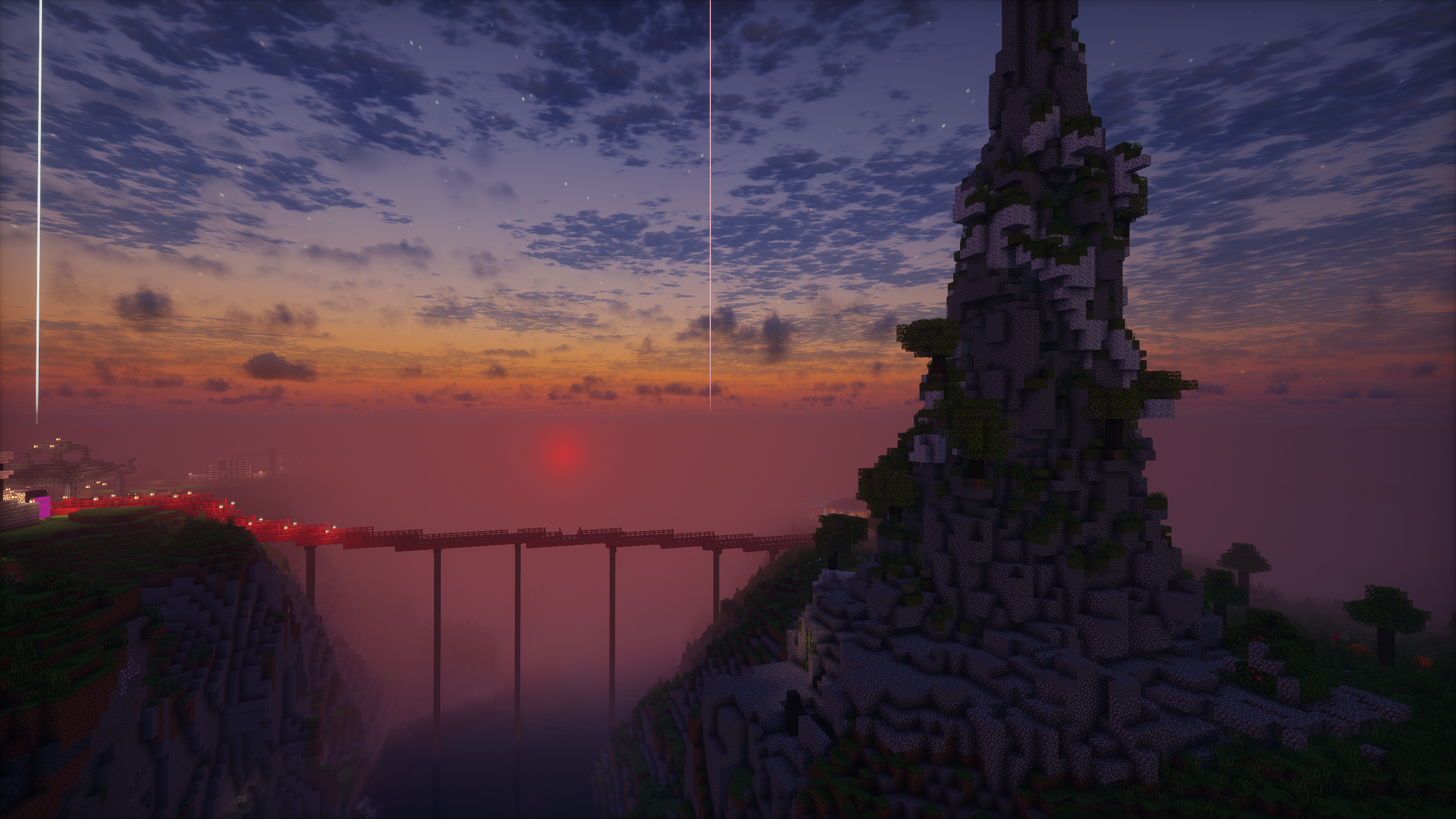 Night view of modded minecraft base; stone mountain