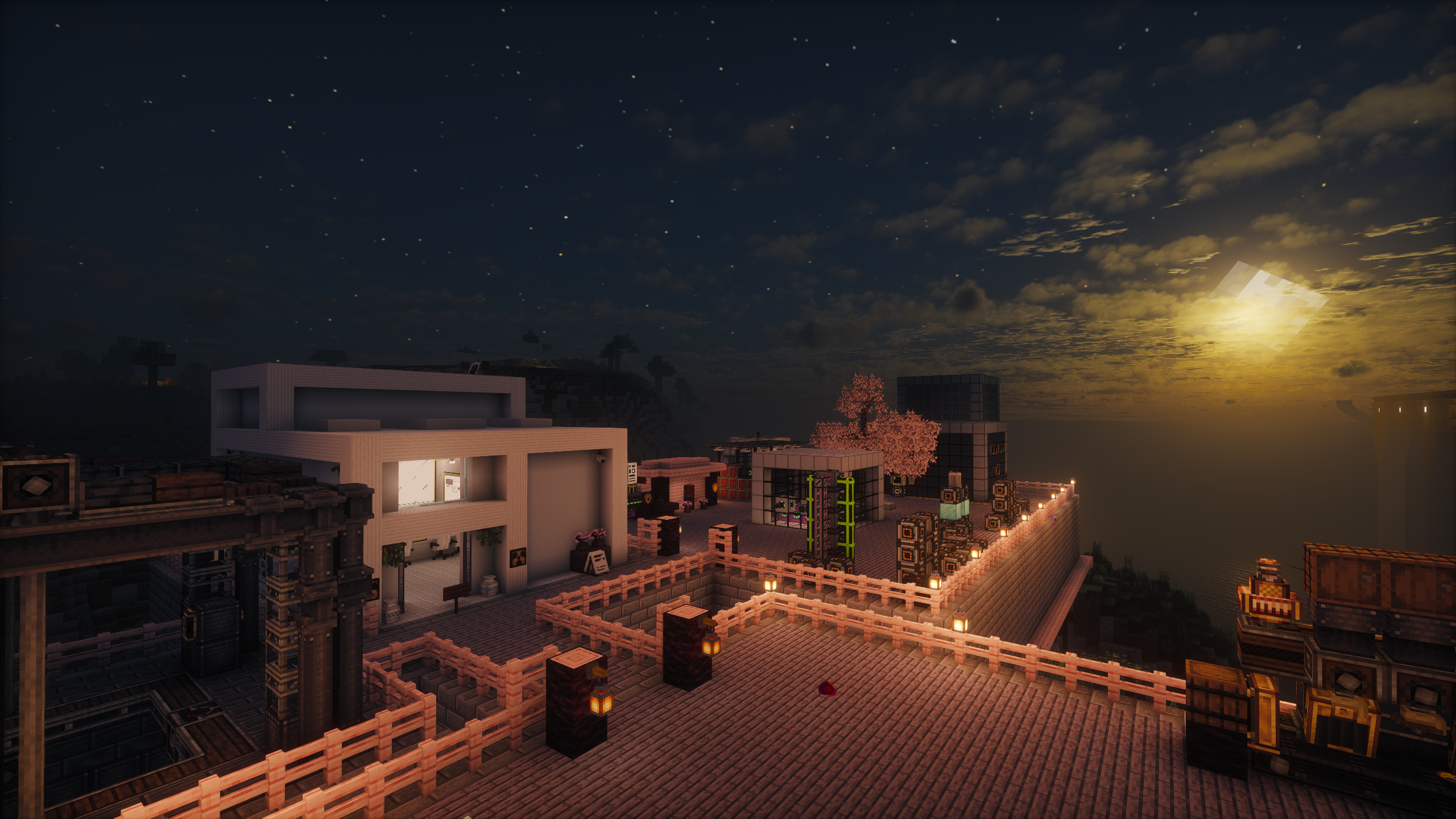 Night view of modded minecraft base; Nuclear facility