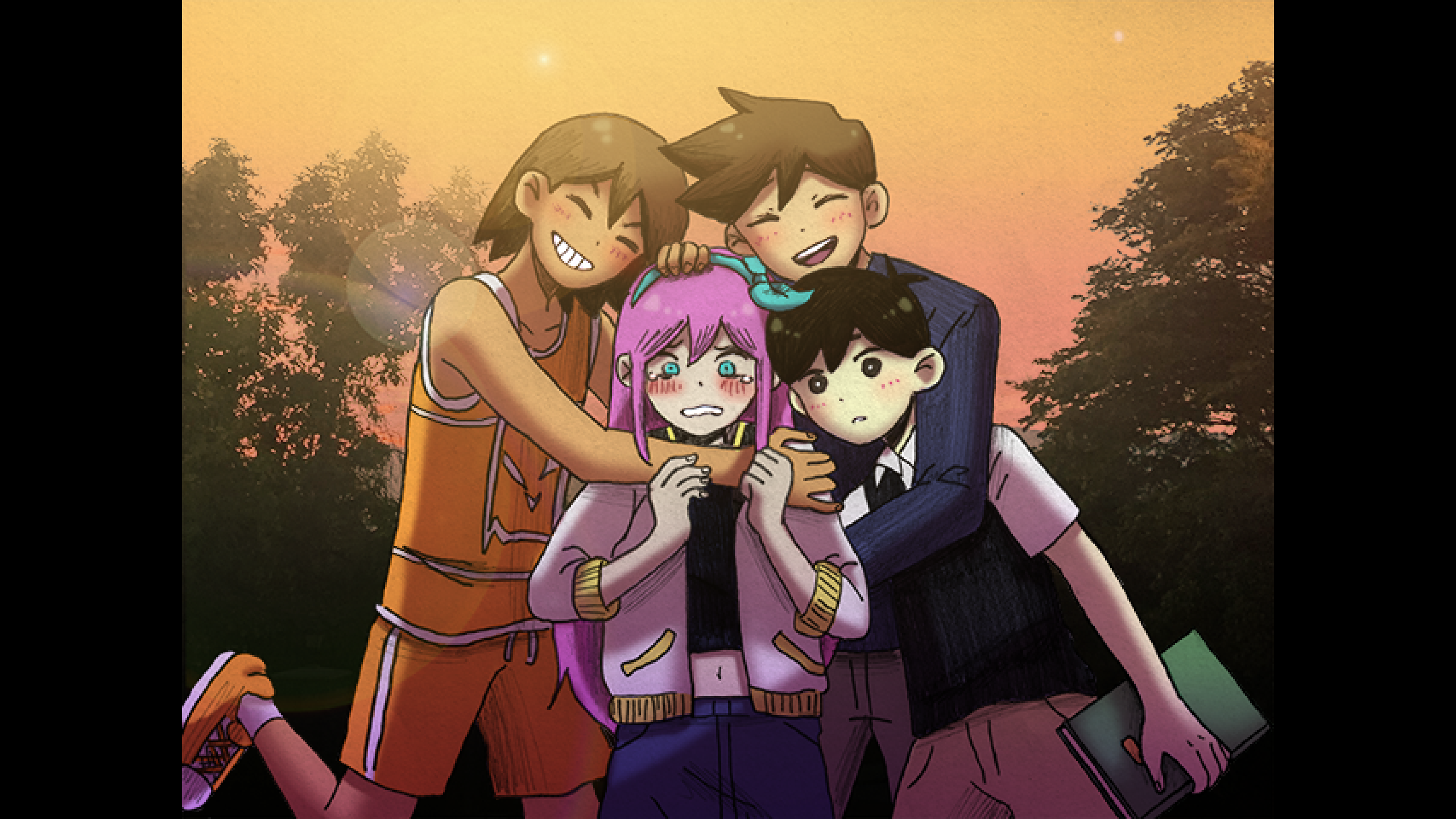 Screenshot from Omori; Kel, Hero, and Sunny are hugging Aubrey