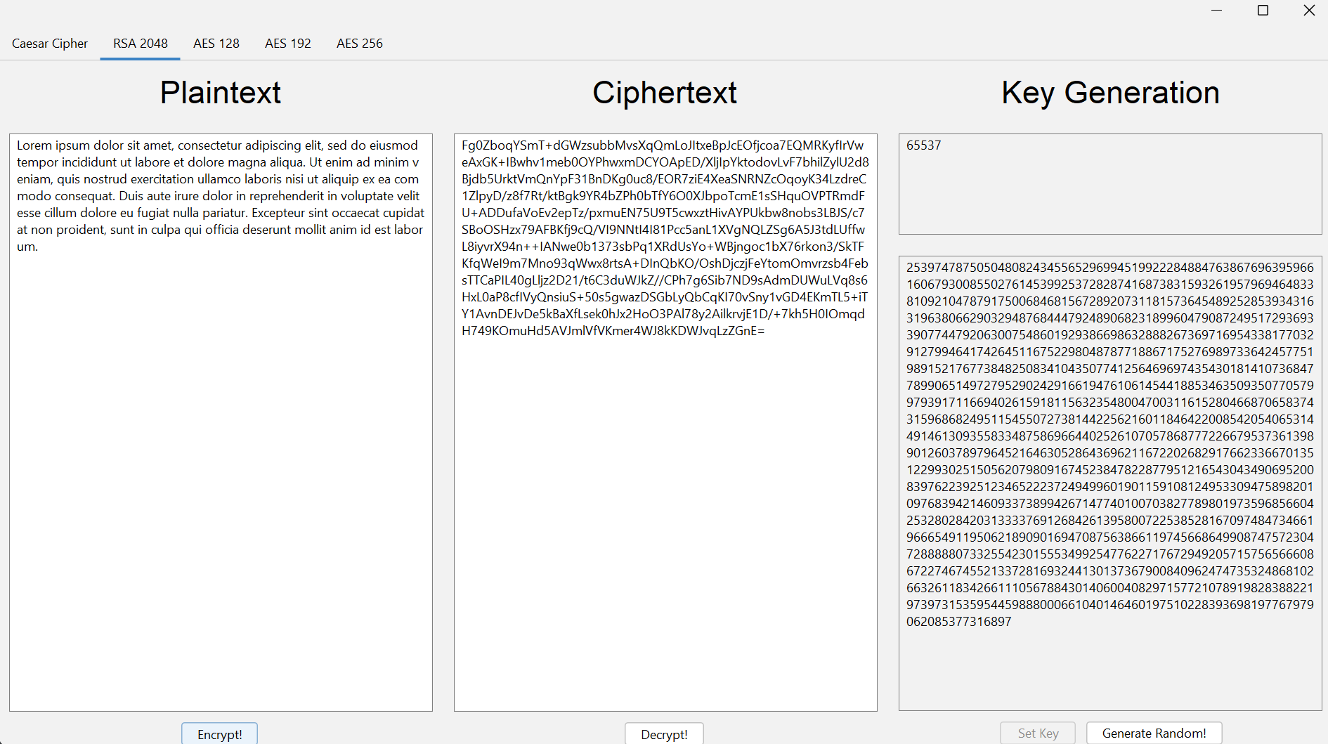 A screenshot of the GUI in session. The tool is encrypting Lorem Ipsum with a randomly generated key