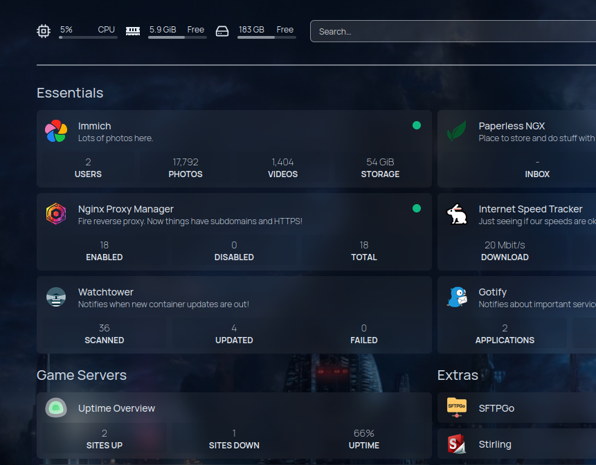 Screenshot of my homepage of the services I selfhost, customized with gethomepage